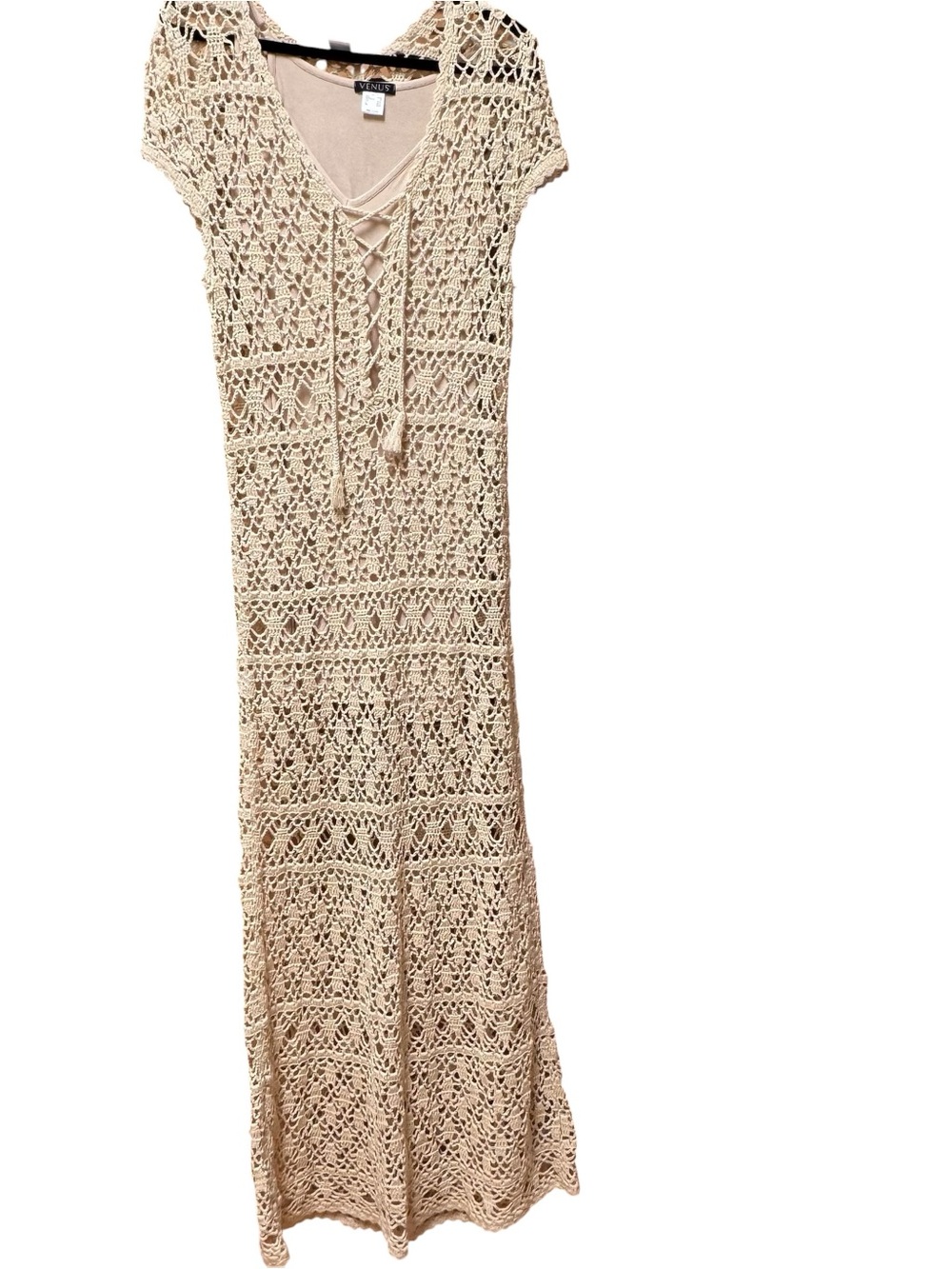 VENUS Cream Crochet Open Knit Lace Up Boho Maxi Dress L